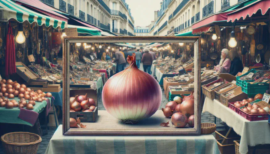 DALL-E created image of an Onion at a Parisian fle market