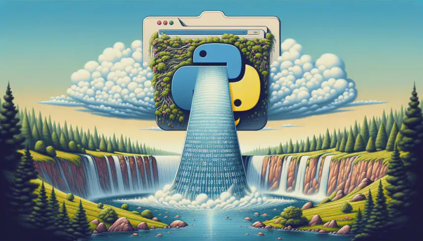 DALL-E created image of the Python logo as the source of data waterfall